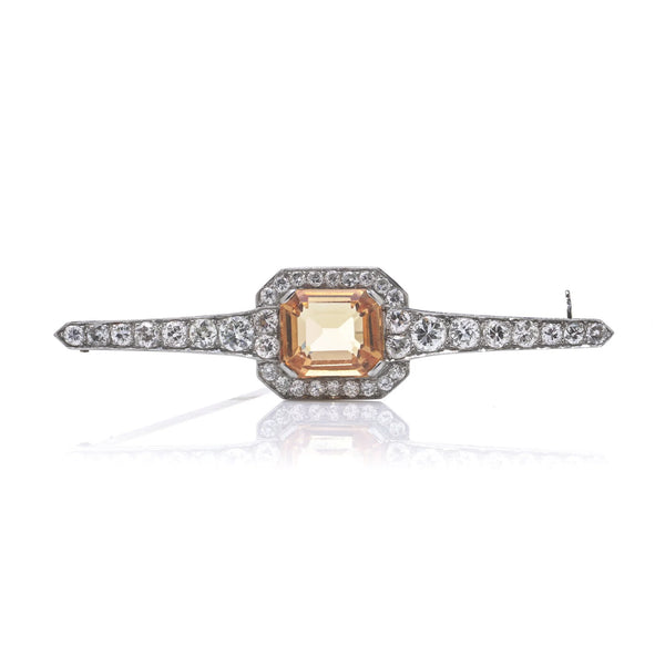 Vintage 1970's 18 Carat White Gold Topaz And Diamond Bar Brooch