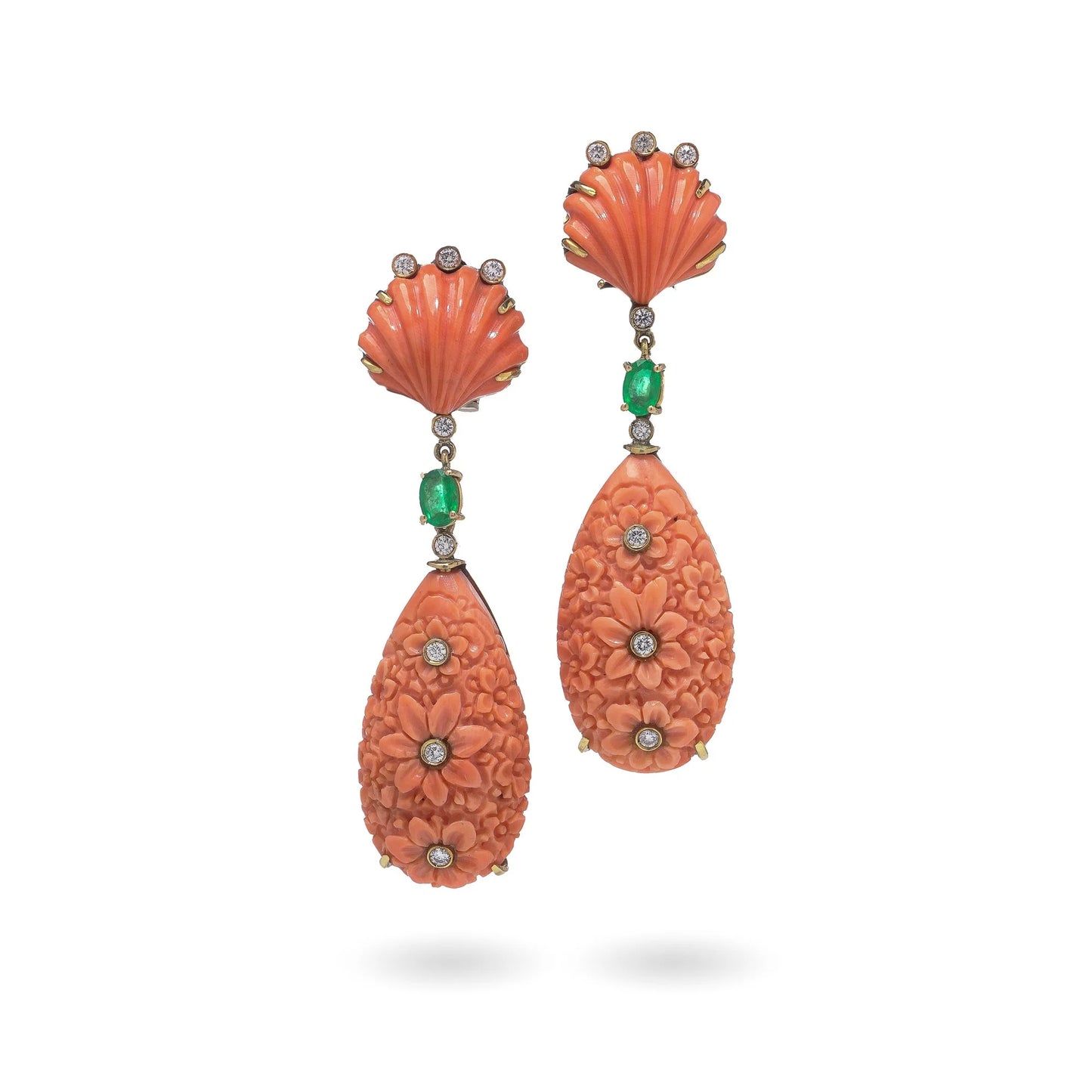 F. Moroni 18 Carat Gold Carved Coral, Emerald And Diamond Earrings