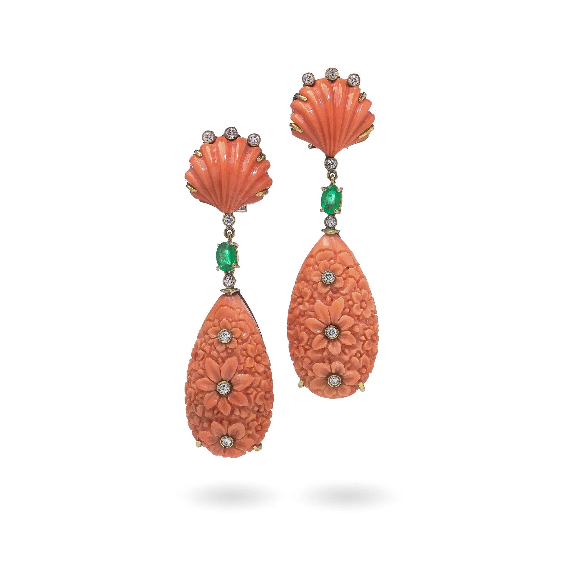F. Moroni 18 Carat Gold Carved Coral, Emerald And Diamond Earrings