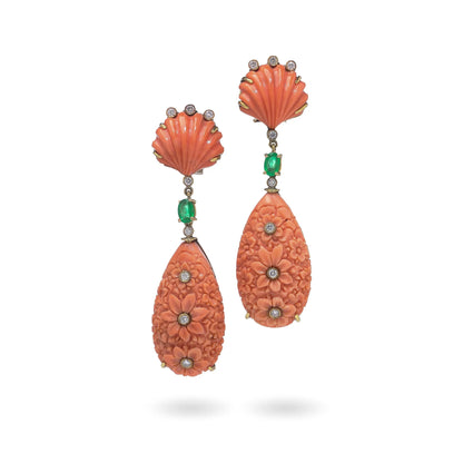 F. Moroni 18 Carat Gold Carved Coral, Emerald And Diamond Earrings