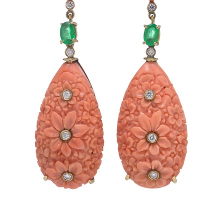 F. Moroni 18 Carat Gold Carved Coral, Emerald And Diamond Earrings