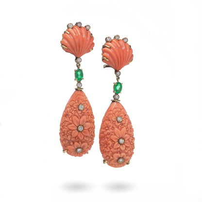 F. Moroni 18 Carat Gold Carved Coral, Emerald And Diamond Earrings