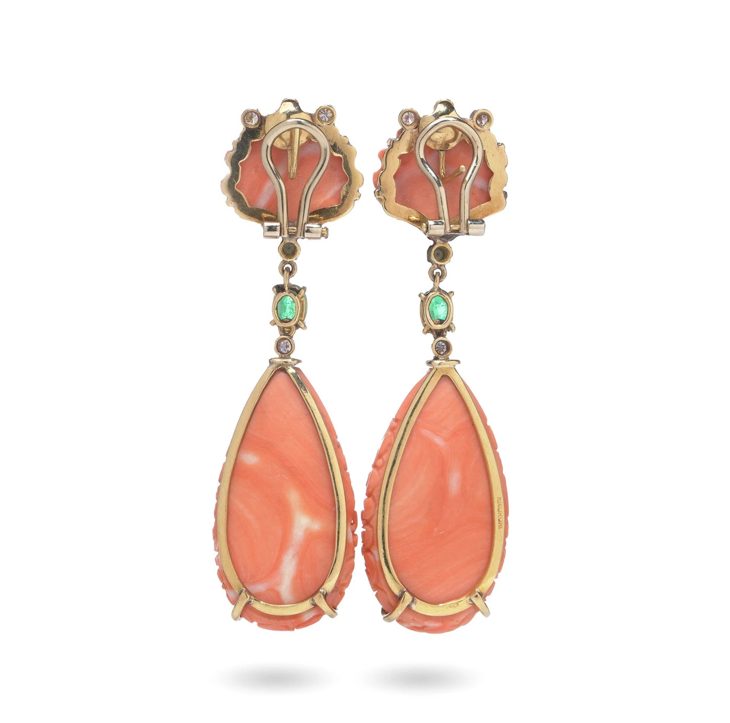 F. Moroni 18 Carat Gold Carved Coral, Emerald And Diamond Earrings