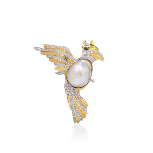 18 Carat Gold Cockatoo Brooch With South Sea Pearl And Diamonds