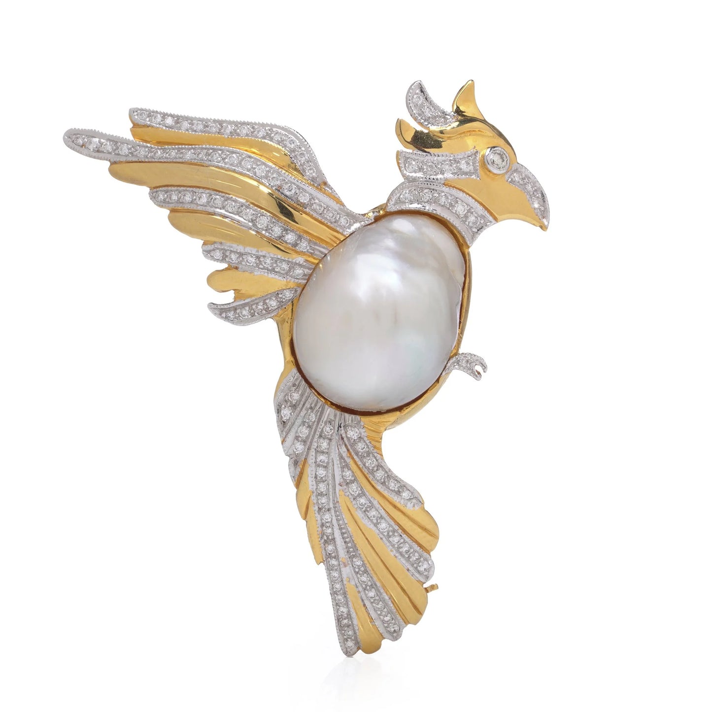18 Carat Gold Cockatoo Brooch With South Sea Pearl And Diamonds