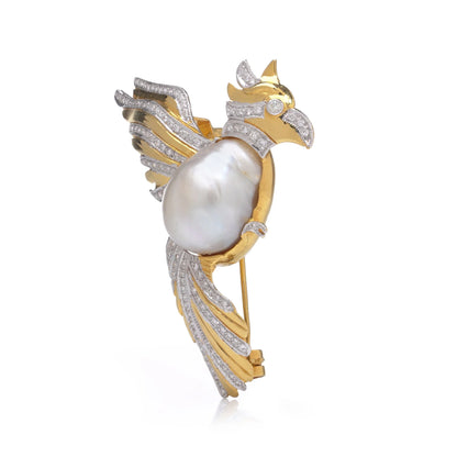 18 Carat Gold Cockatoo Brooch With South Sea Pearl And Diamonds