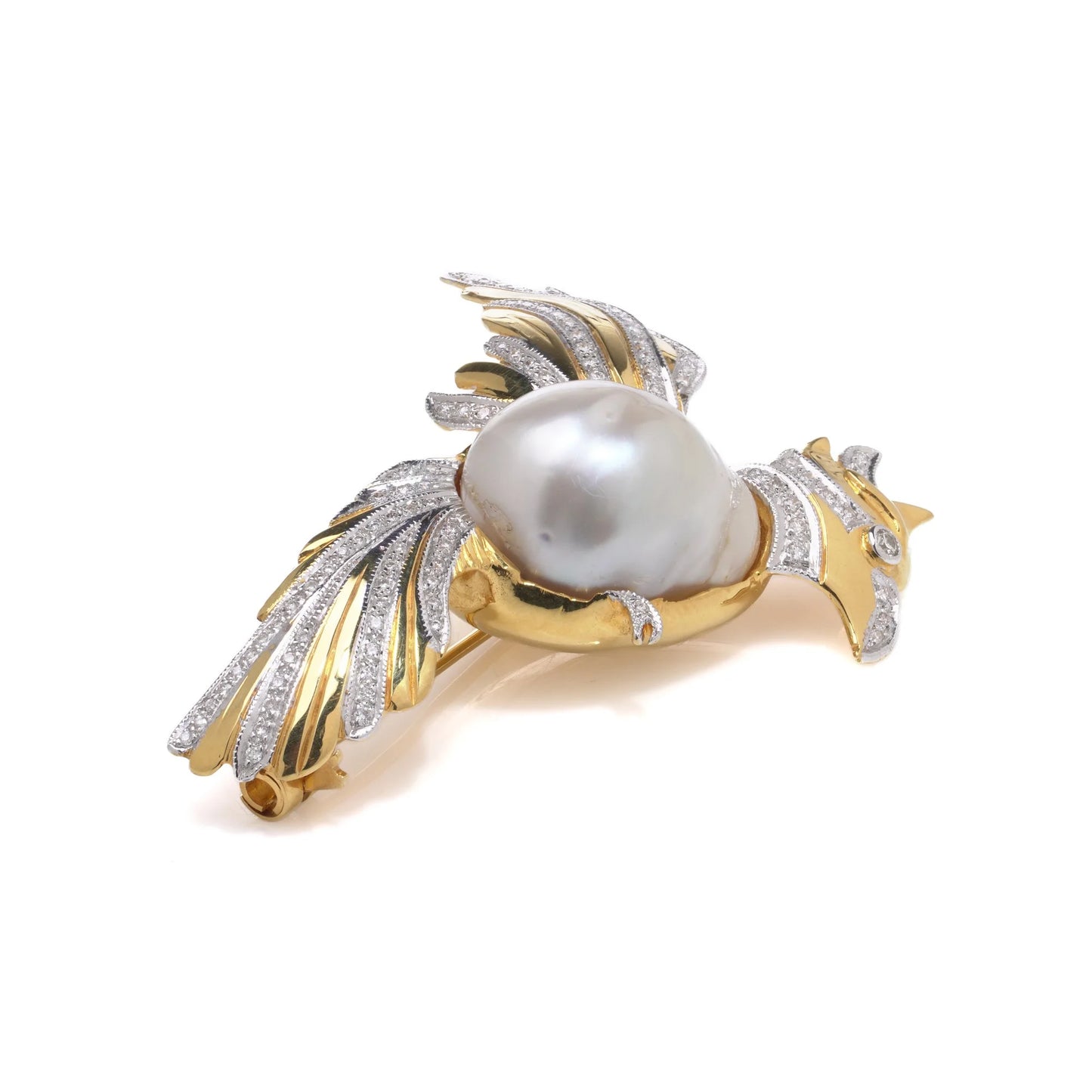 18 Carat Gold Cockatoo Brooch With South Sea Pearl And Diamonds