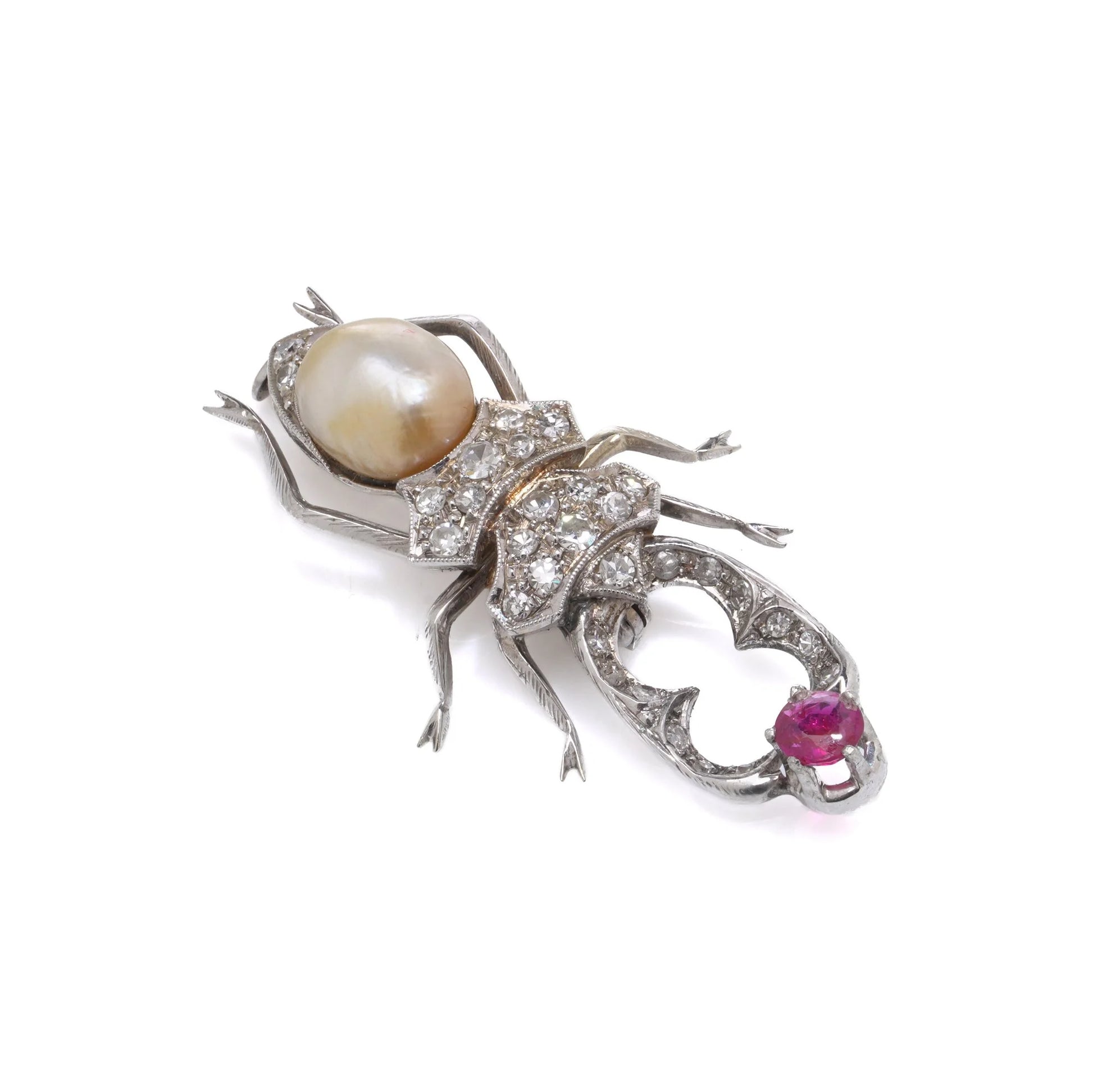 Vintage 1950's 18 Carat White Gold Diamond, Ruby And Pearl Beetle Brooch
