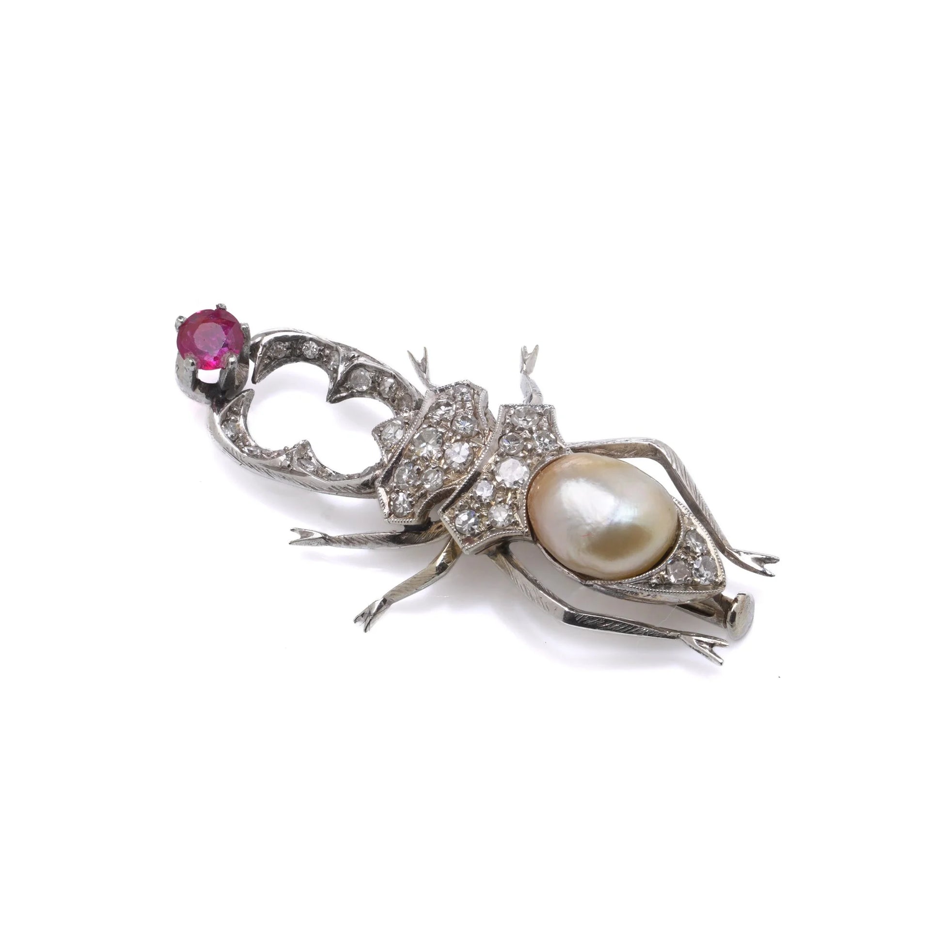 Vintage 1950's 18 Carat White Gold Diamond, Ruby And Pearl Beetle Brooch