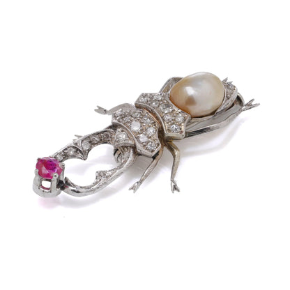 Vintage 1950's 18 Carat White Gold Diamond, Ruby And Pearl Beetle Brooch