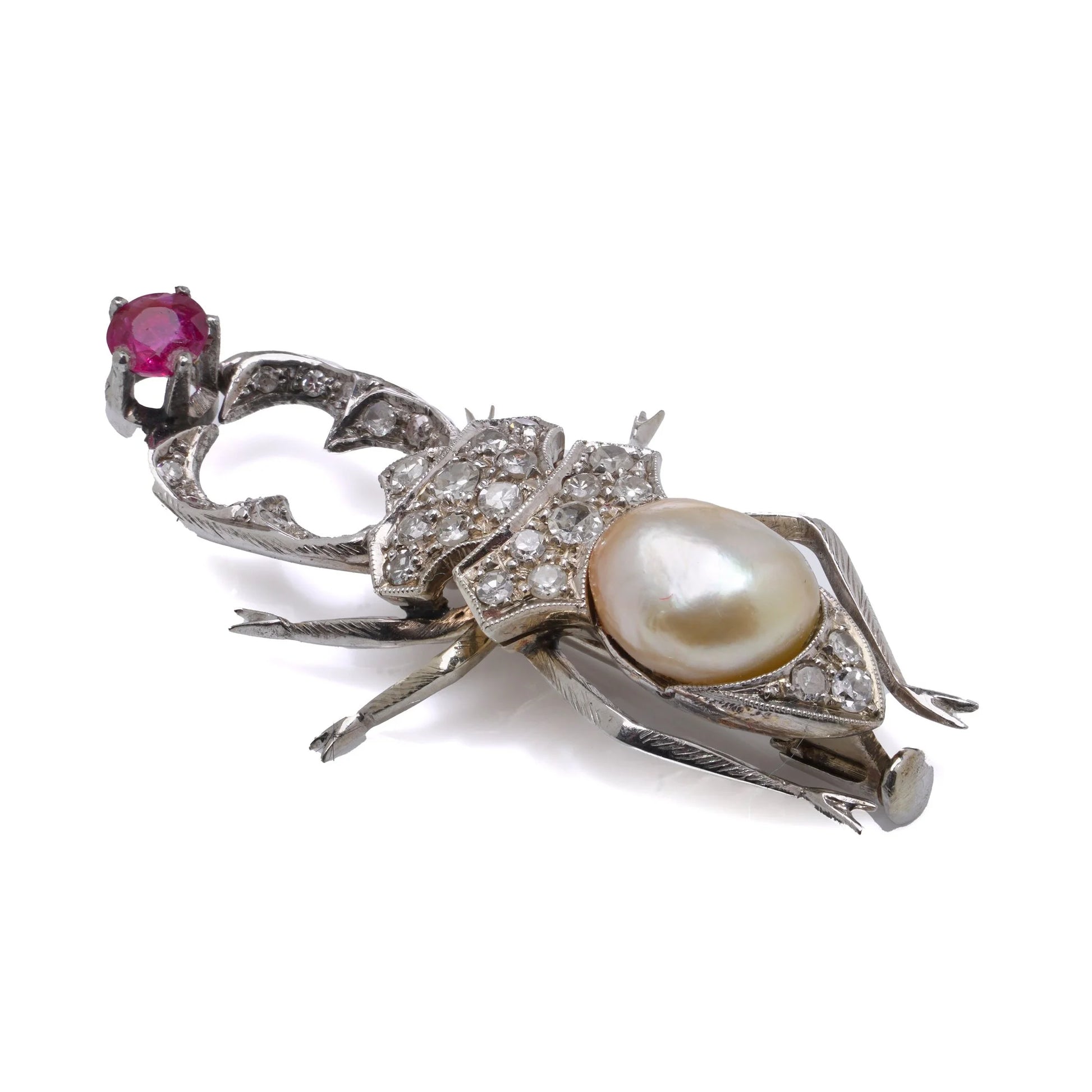 Vintage 1950's 18 Carat White Gold Diamond, Ruby And Pearl Beetle Brooch