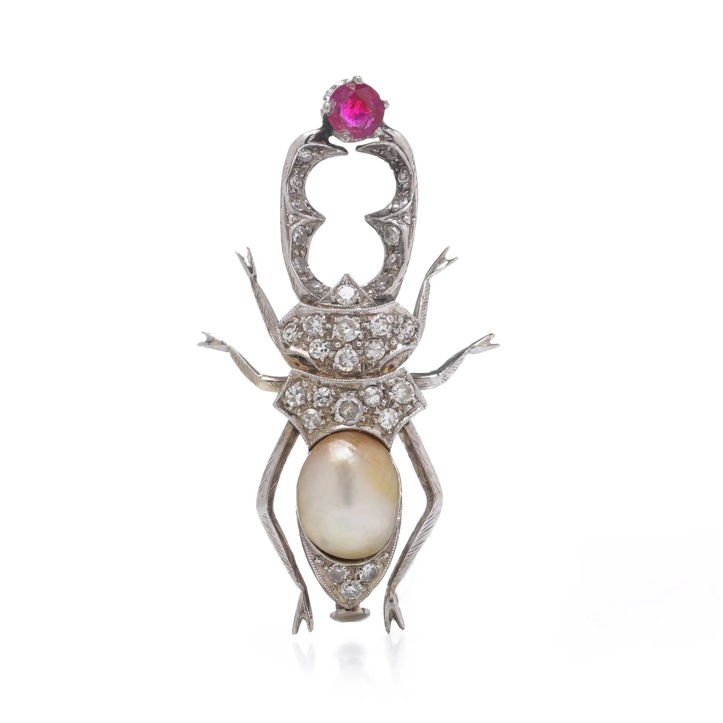 Vintage 1950's 18 Carat White Gold Diamond, Ruby And Pearl Beetle Brooch