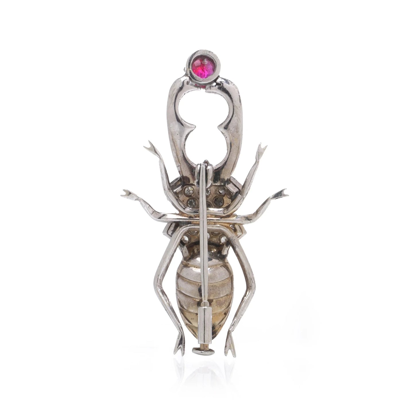 Vintage 1950's 18 Carat White Gold Diamond, Ruby And Pearl Beetle Brooch