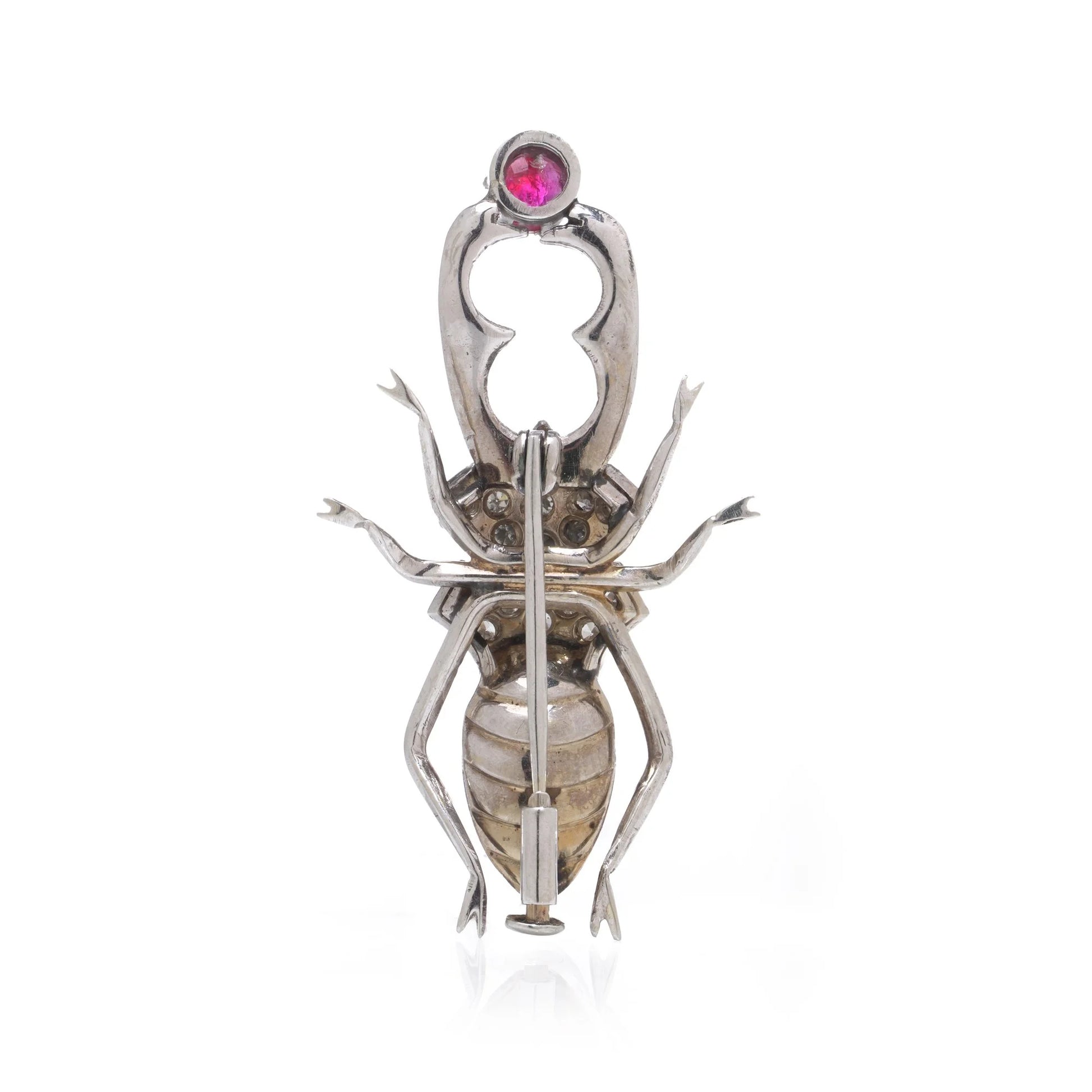 Vintage 1950's 18 Carat White Gold Diamond, Ruby And Pearl Beetle Brooch