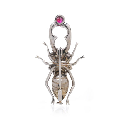 Vintage 1950's 18 Carat White Gold Diamond, Ruby And Pearl Beetle Brooch