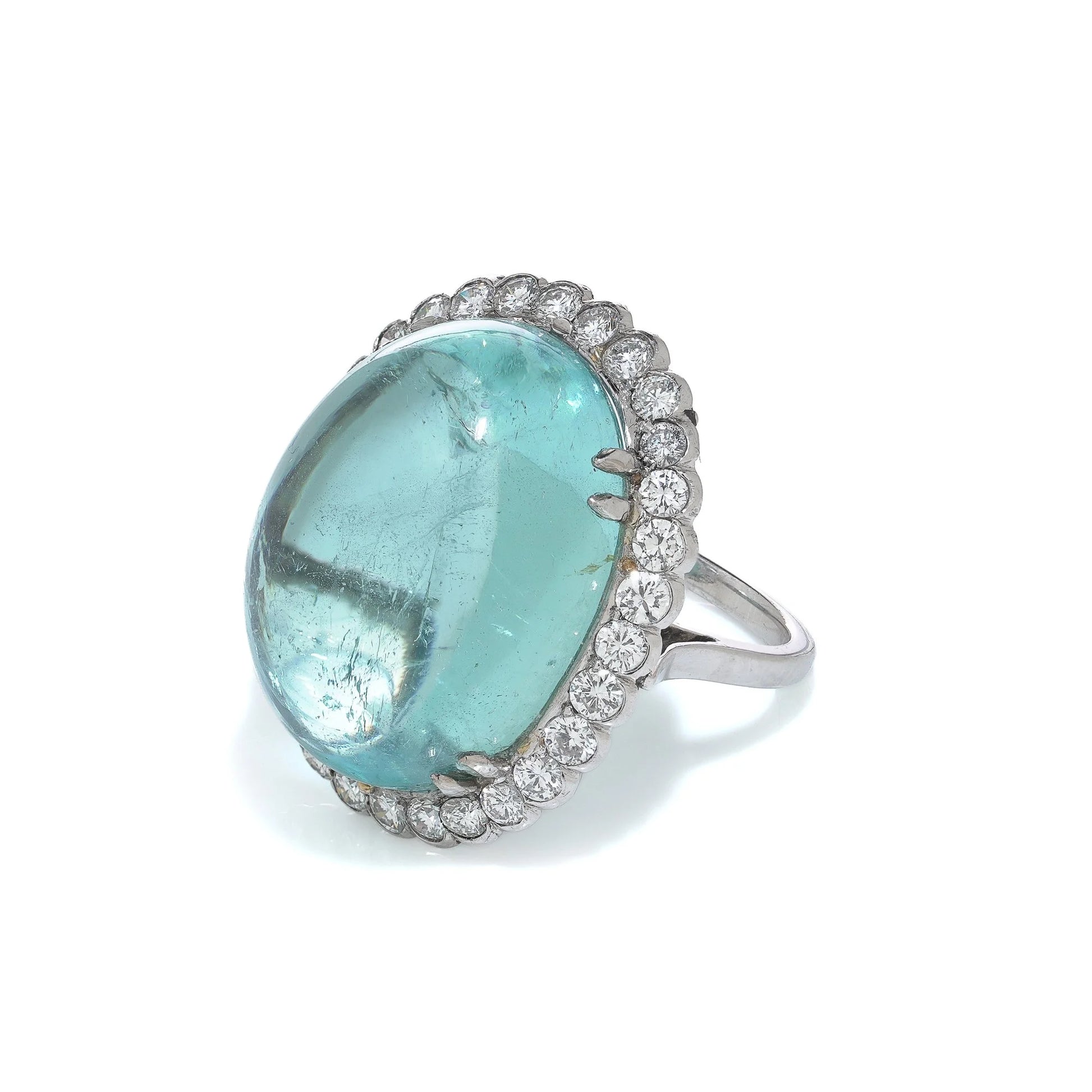 Vintage Platinum Cabochon Aquamarine And Diamond Ring