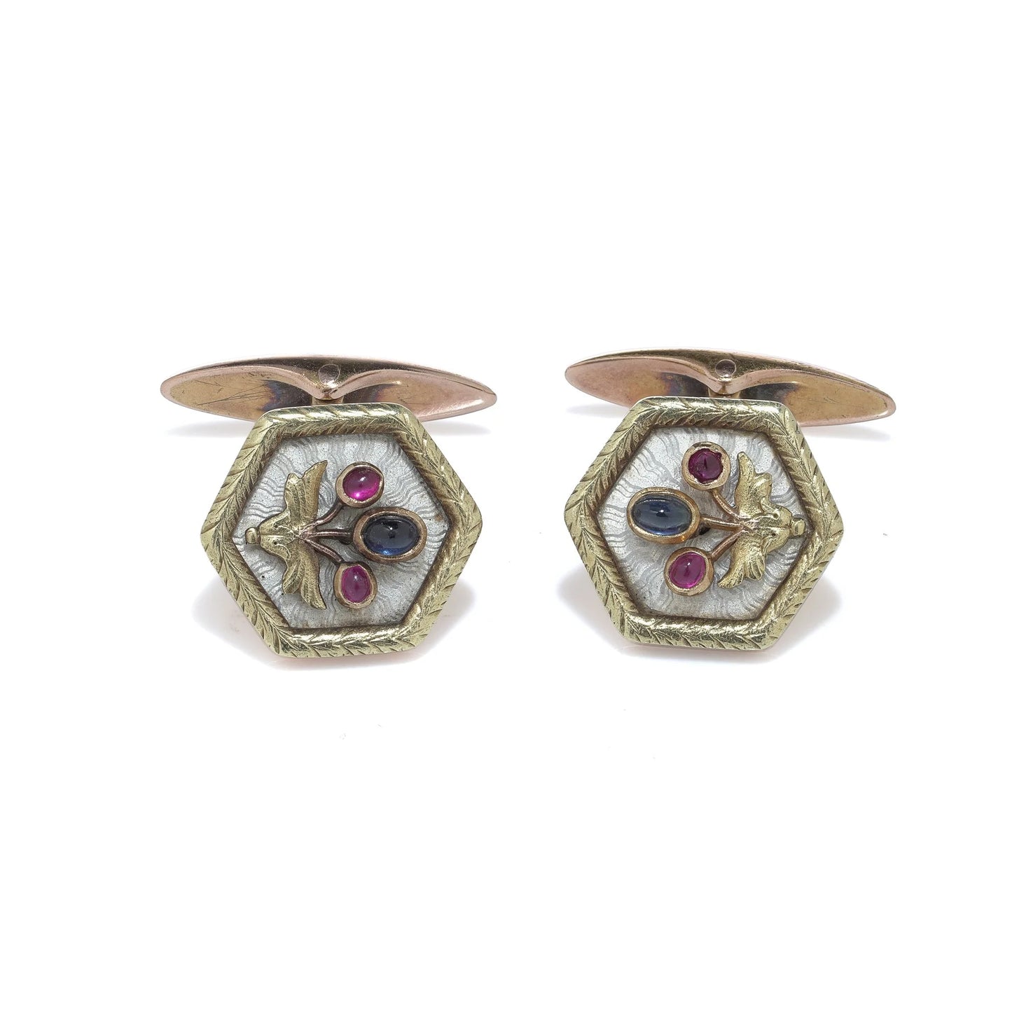 Russian Faberge Workmaster 14 Carat Gold Enamel and Gem-Set Cufflinks
