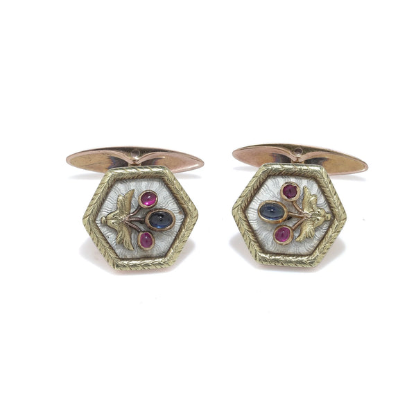 Russian Faberge Workmaster 14 Carat Gold Enamel and Gem-Set Cufflinks