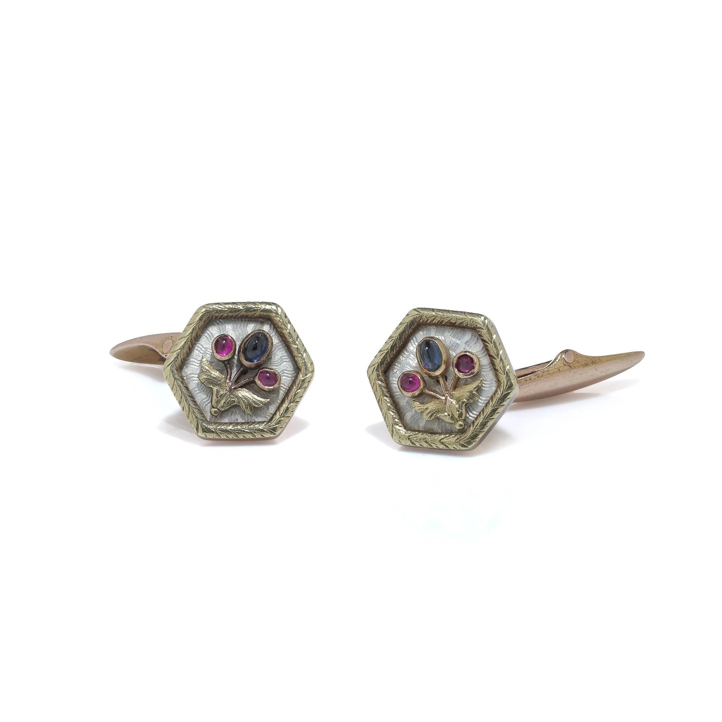 Russian Faberge Workmaster 14 Carat Gold Enamel and Gem-Set Cufflinks