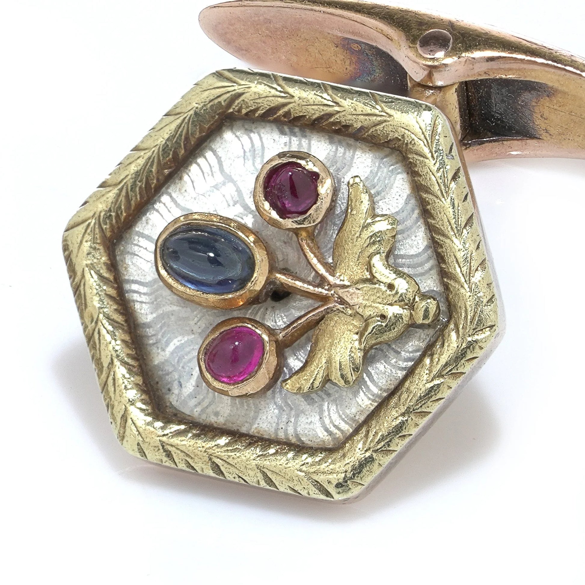 Russian Faberge Workmaster 14 Carat Gold Enamel and Gem-Set Cufflinks