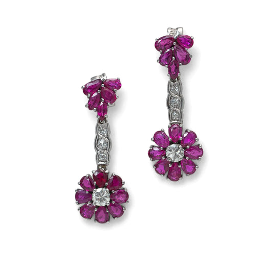 Art Deco Platinum Burmese Ruby and Diamond Drop flower Earrings Jewellery Discovery London UK 