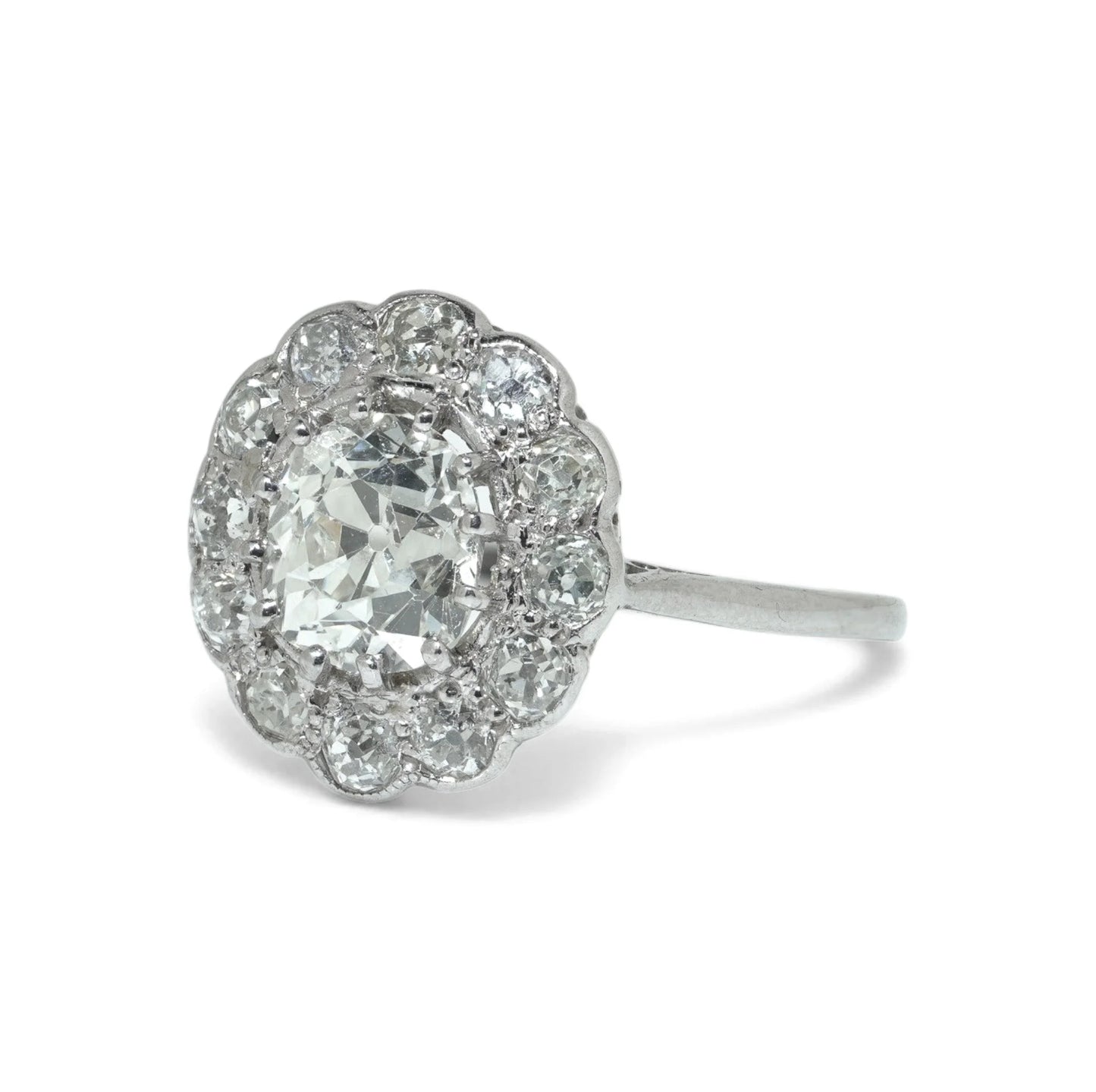 Art Deco Platinum 1.69 Old Cut Diamond Cluster Ring