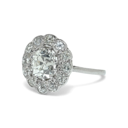 Art Deco Platinum 1.69 Old Cut Diamond Cluster Ring