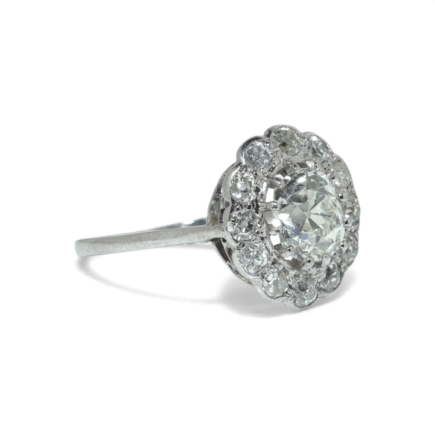 Art Deco Platinum 1.69 Old Cut Diamond Cluster Ring