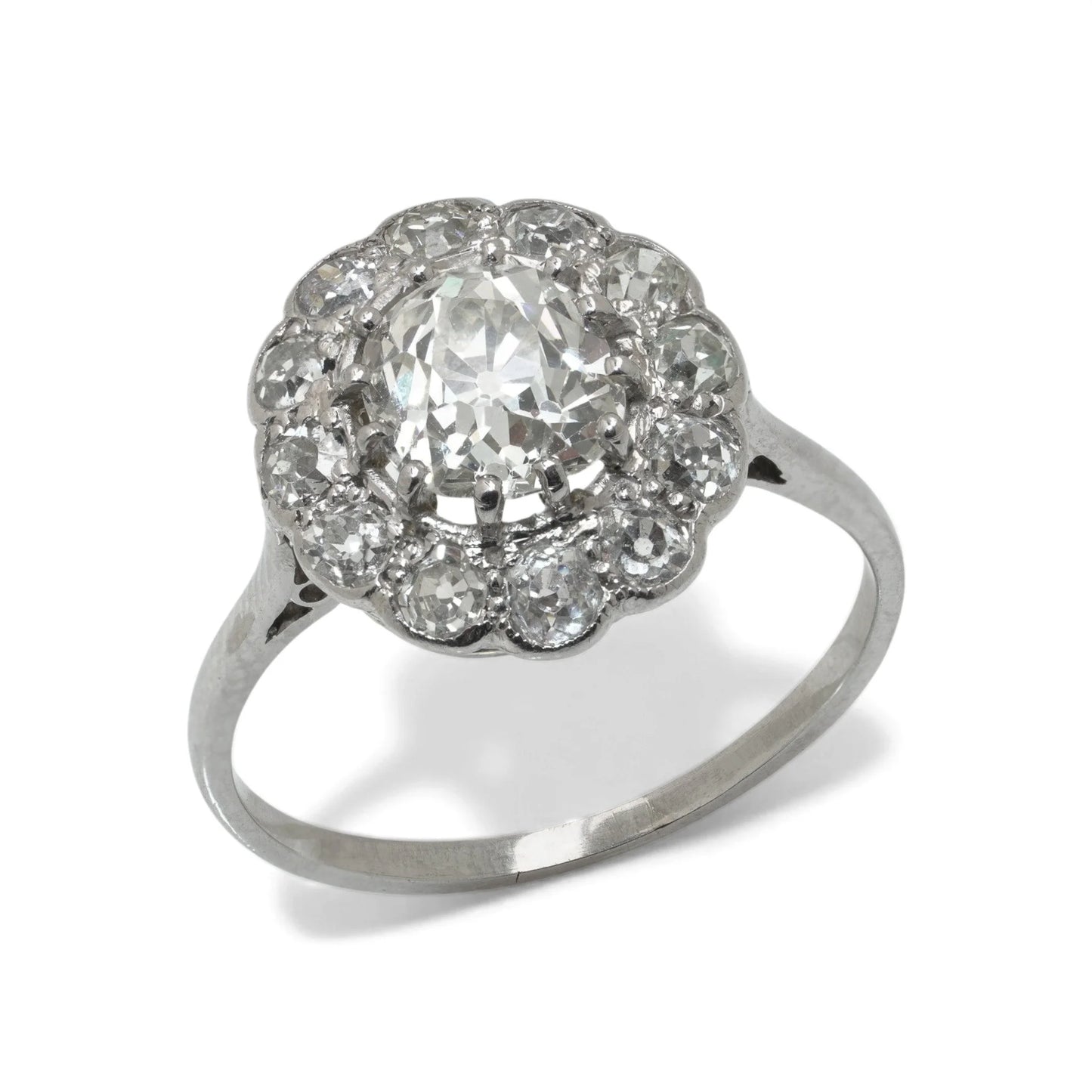 Art Deco Platinum 1.69 Old Cut Diamond Cluster Engagement Ring, 1920s 