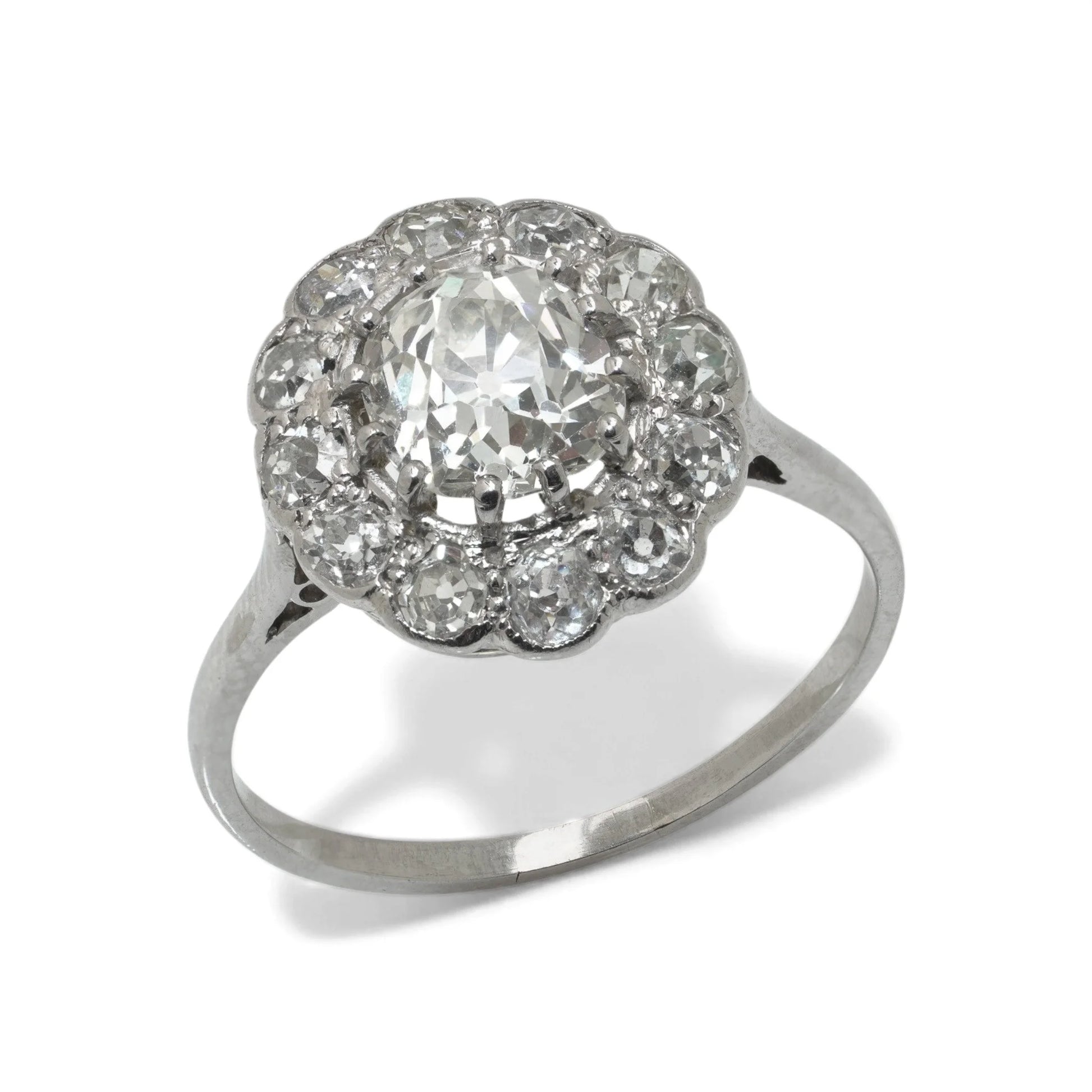 Art Deco Platinum 1.69 Old Cut Diamond Cluster Engagement Ring, 1920s 