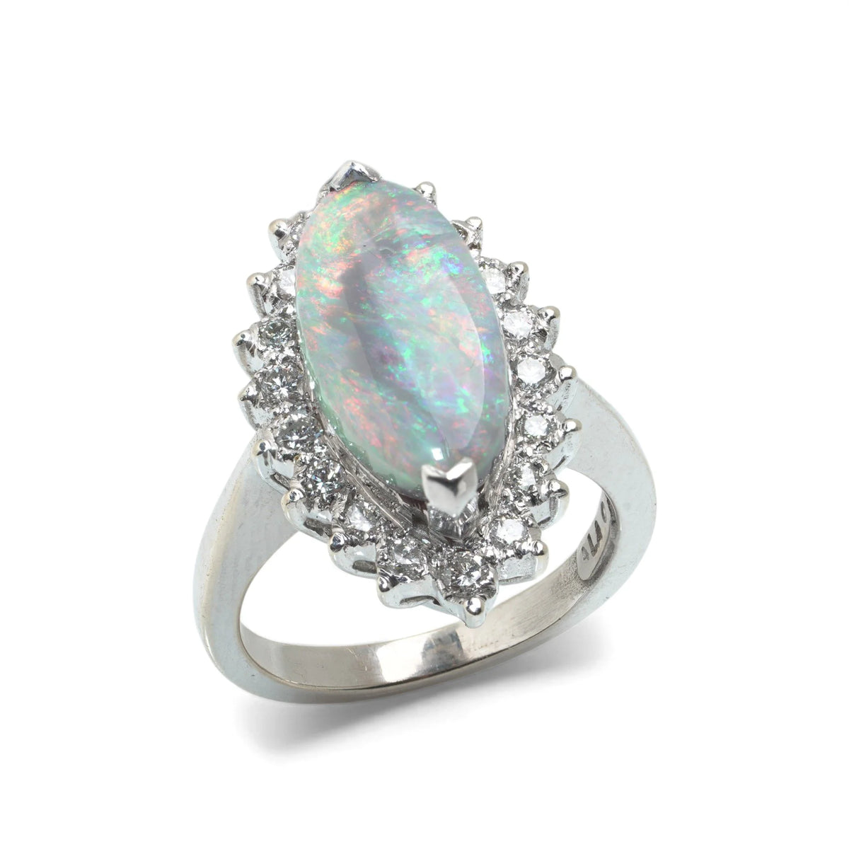 Vintage 14 ct White Gold Opal And Diamond Cluster Ring