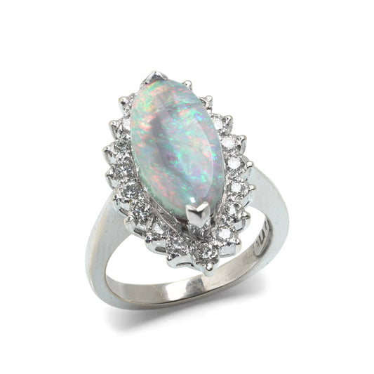 Vintage 14 ct White Gold Opal And Diamond Cluster Ring
