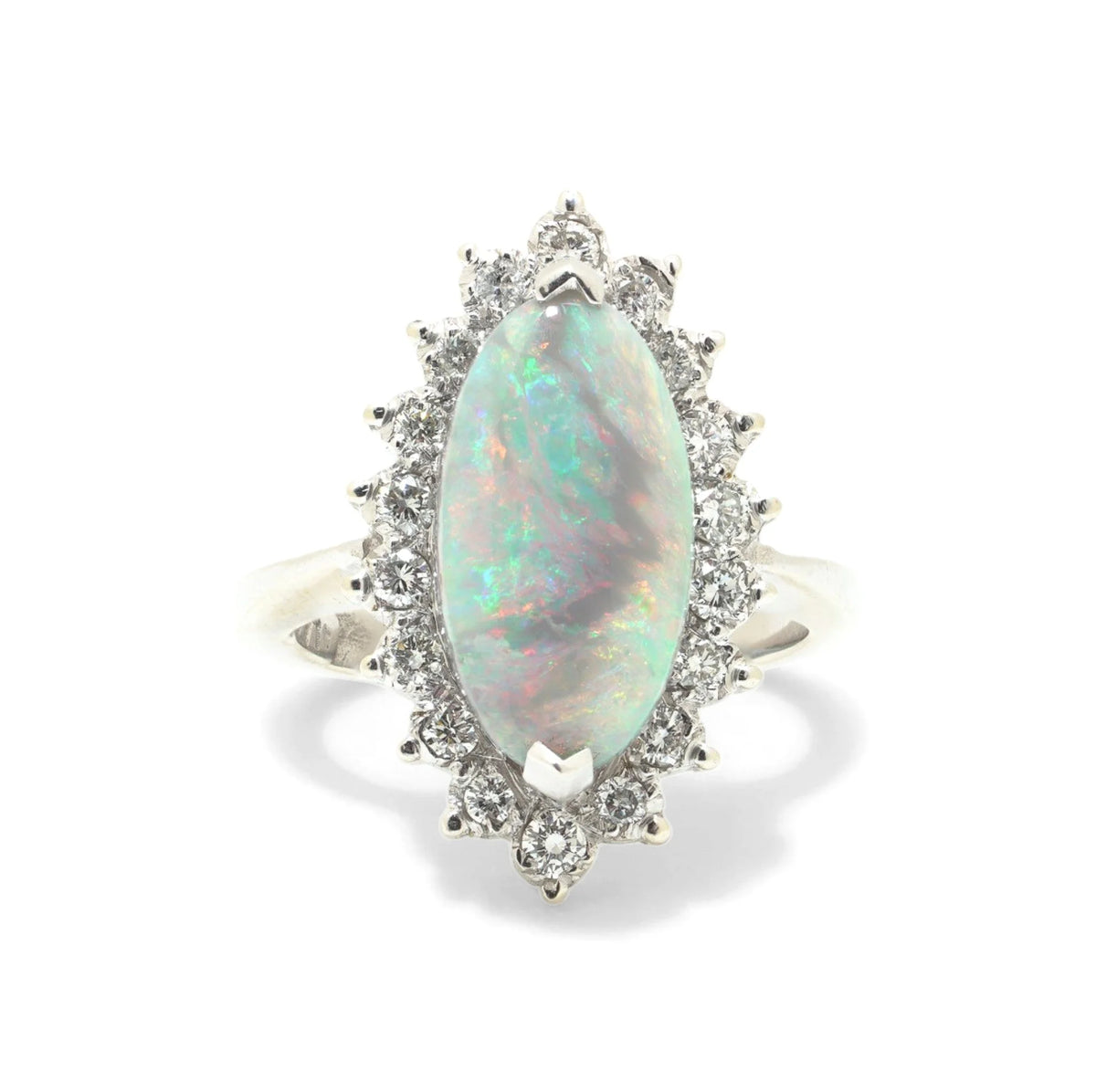 Vintage 14 ct White Gold Opal And Diamond Cluster Ring
