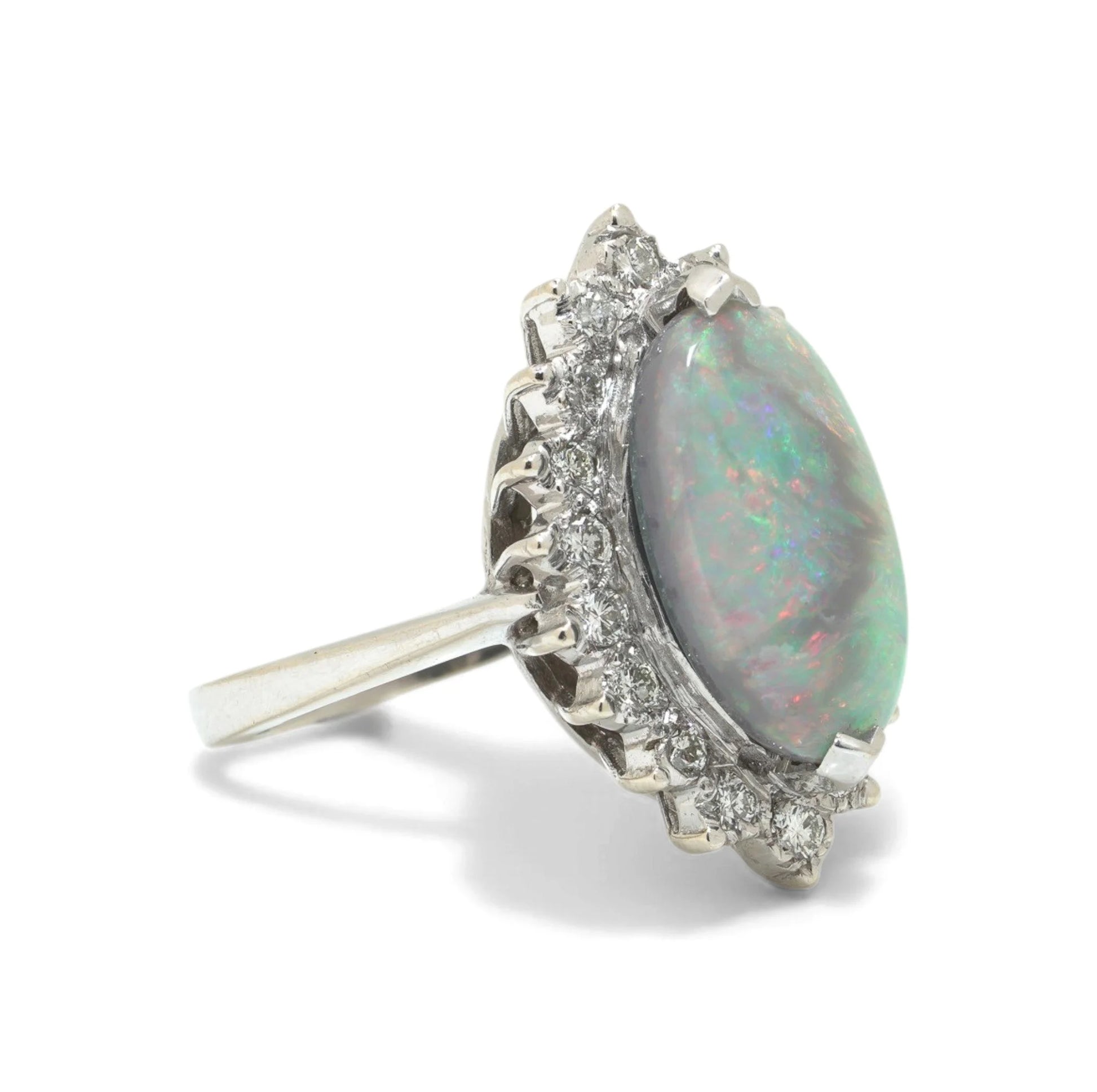 Vintage 14 ct White Gold Opal And Diamond Cluster Ring