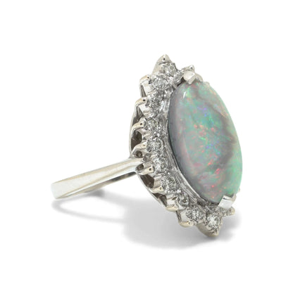 Vintage 14 ct White Gold Opal And Diamond Cluster Ring