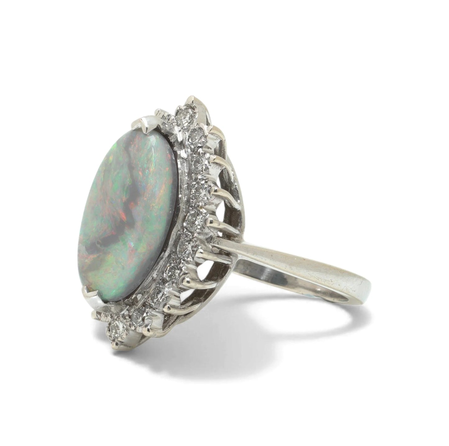 Vintage 14 ct White Gold Opal And Diamond Cluster Ring