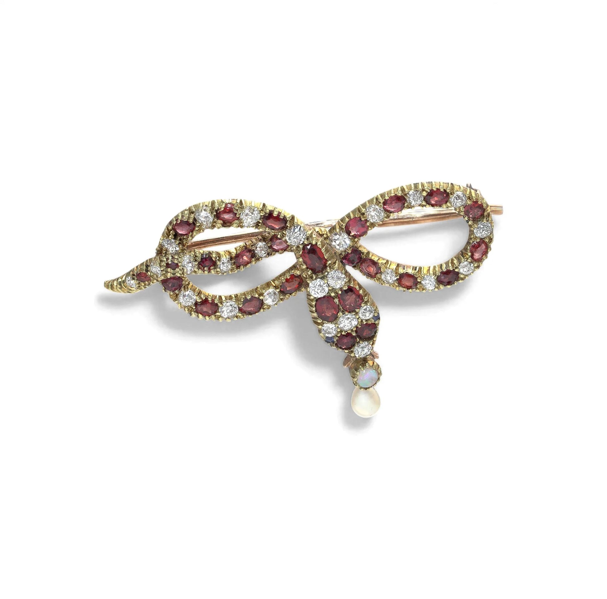 A yellow gold garnet, diamond and pearl set snake brooch