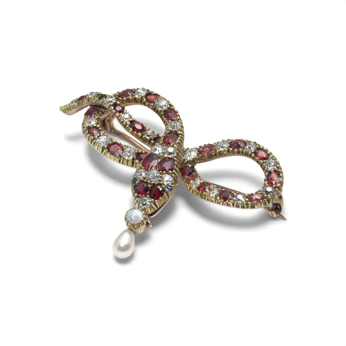 A yellow gold garnet, diamond and pearl set snake brooch
