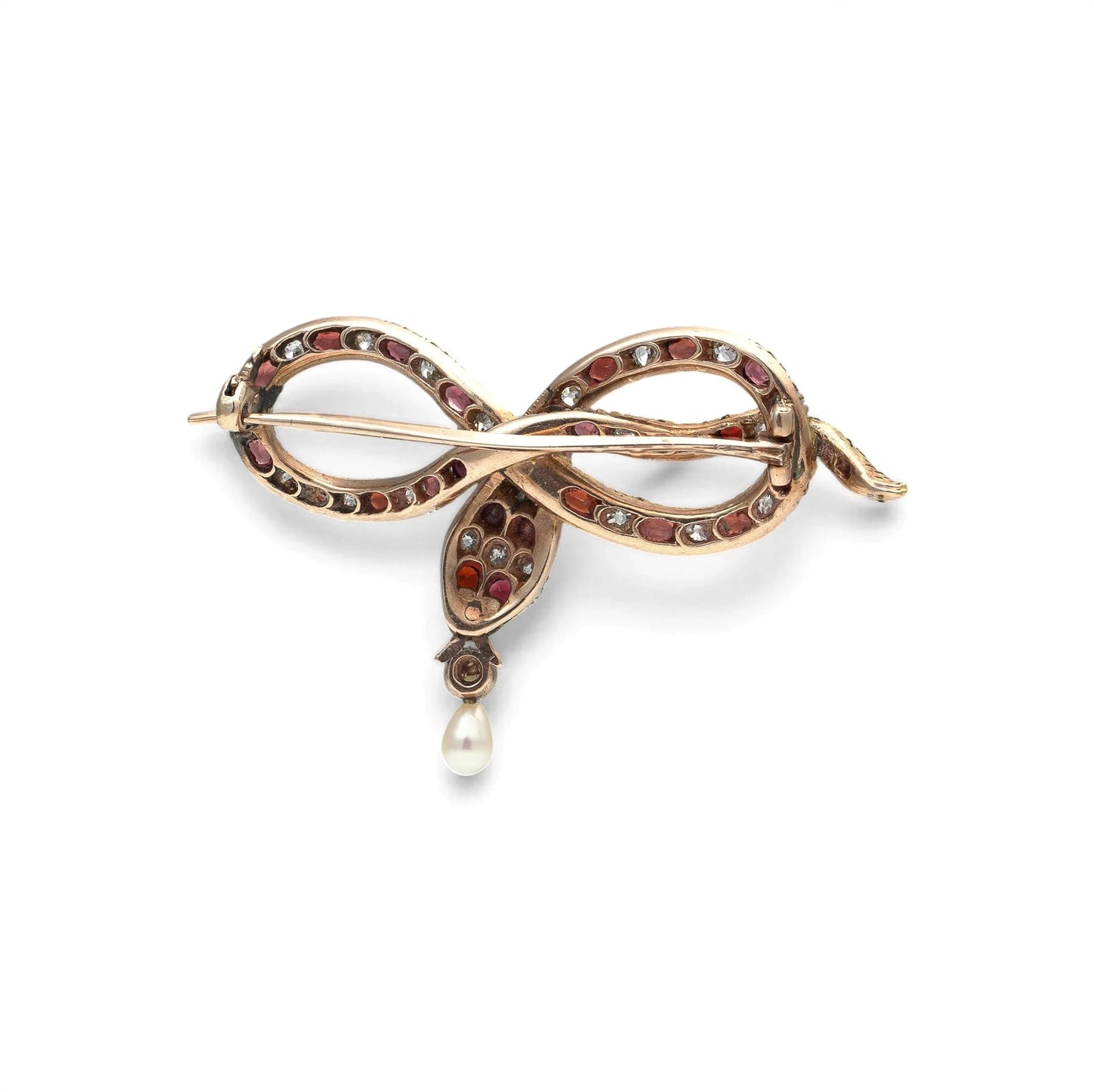 A yellow gold garnet, diamond and pearl set snake brooch