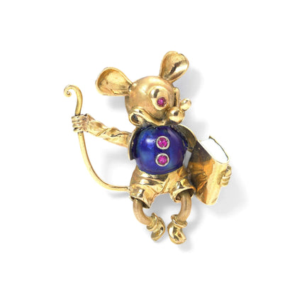 Vintage 18KT Gold Lapis Lazuli Mouse Brooch