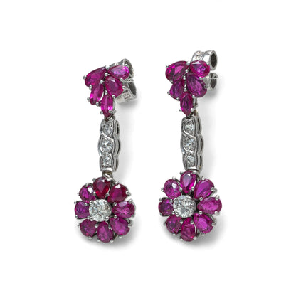 Art Deco Platinum Burmese Ruby and Diamond Drop Earrings