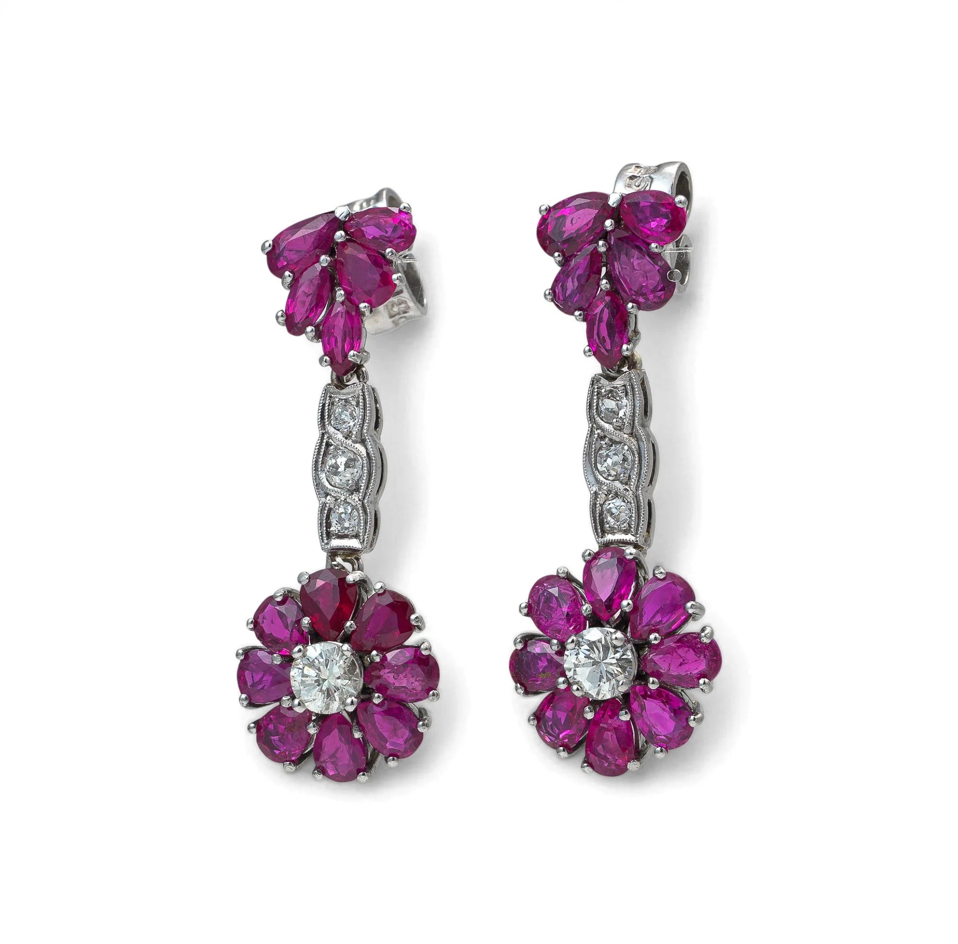 Art Deco Platinum Burmese Ruby and Diamond Drop Earrings