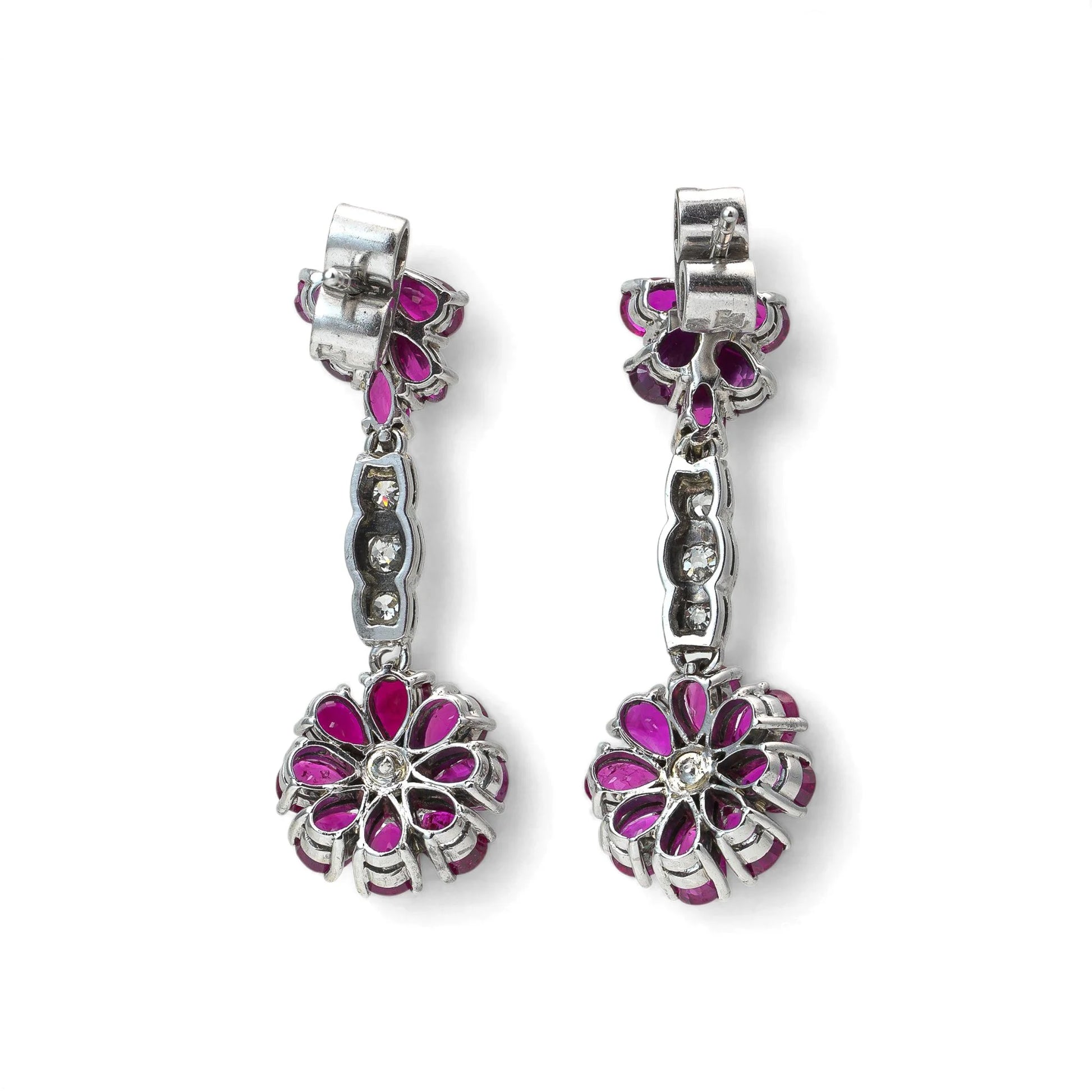 Art Deco Platinum Burmese Ruby and Diamond Drop Earrings