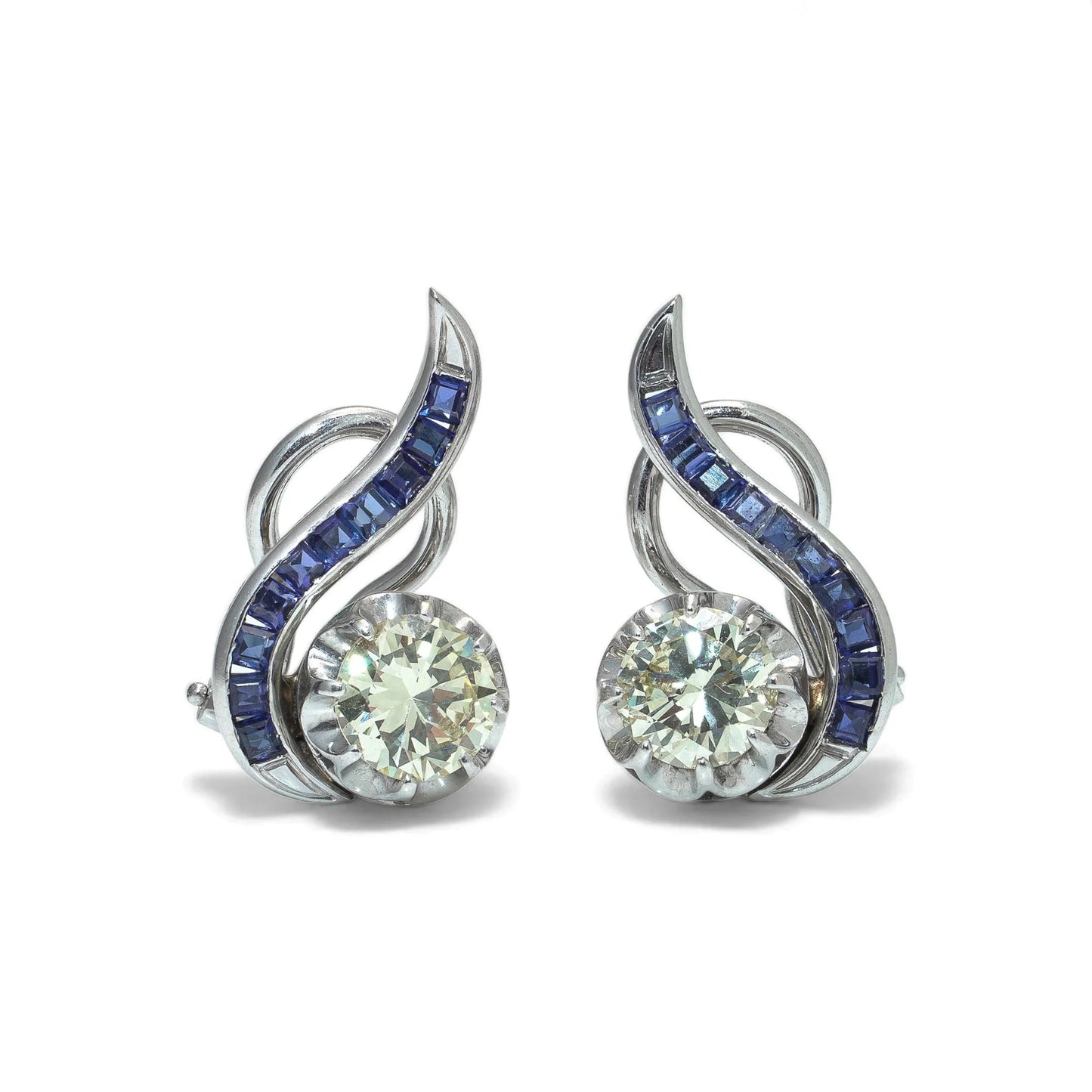 Vintage 18KT White Gold Sapphire and Diamond Swirl Clip Earrings