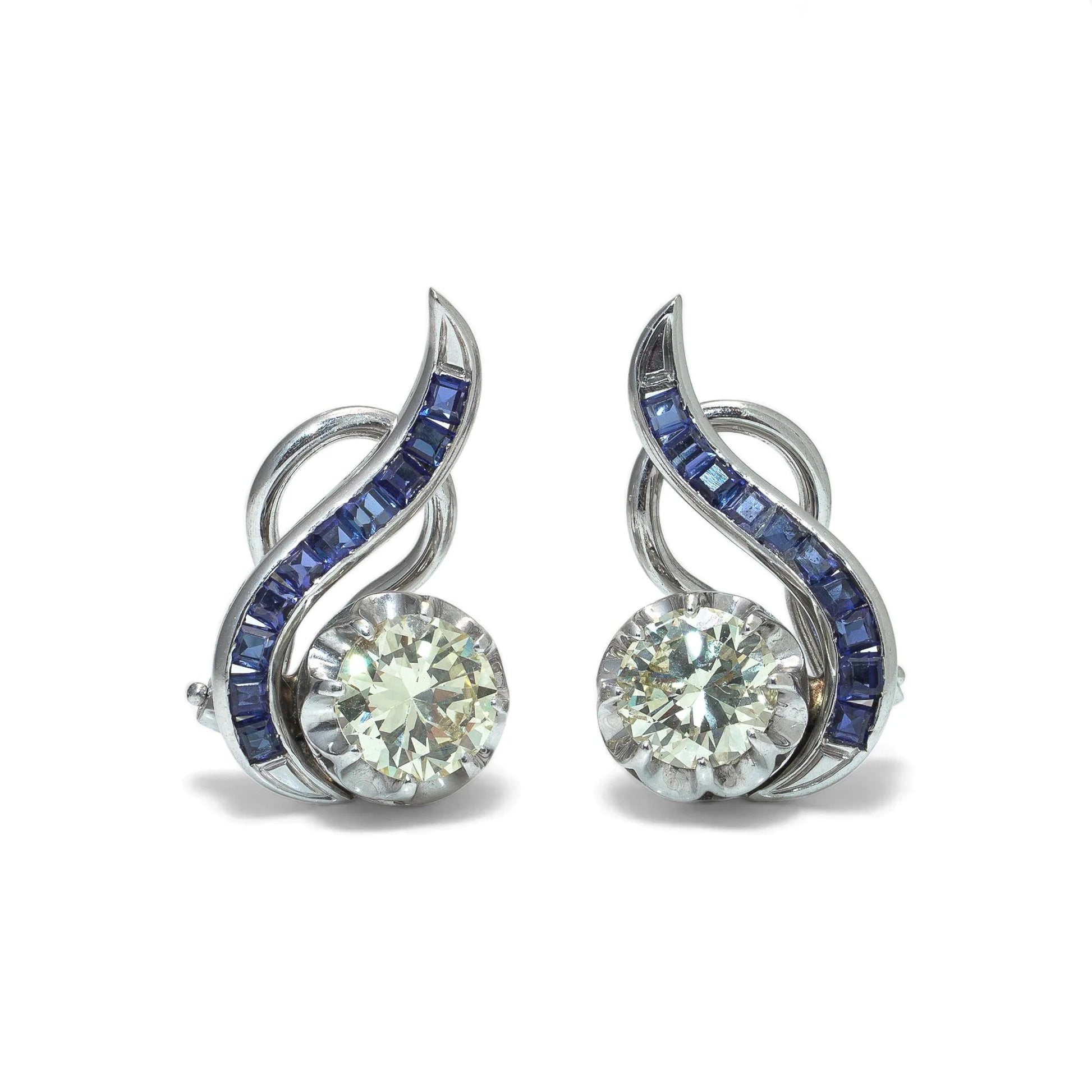 Vintage 18KT White Gold Sapphire and Diamond Swirl Clip Earrings