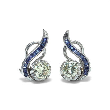 Vintage 18KT White Gold Sapphire and Diamond Swirl Clip Earrings