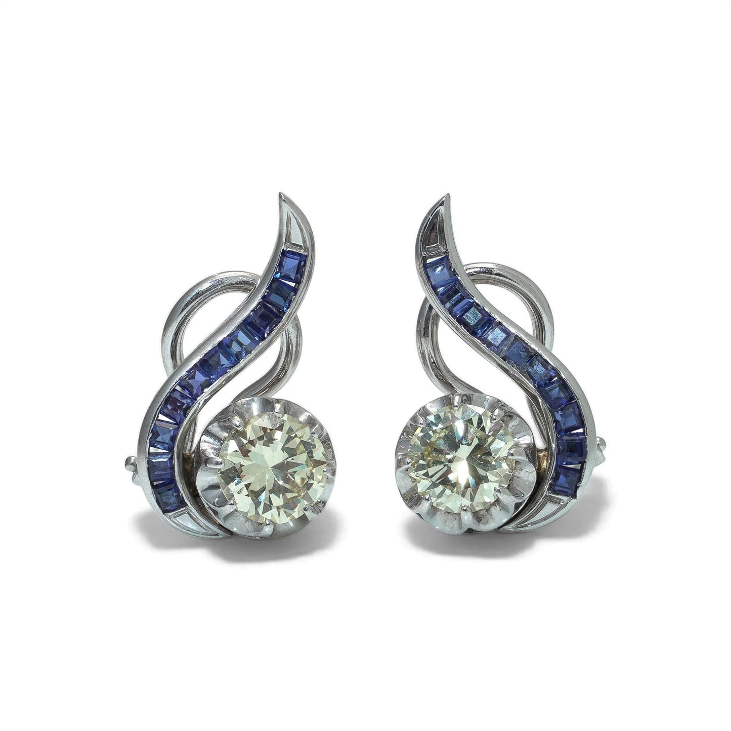 Vintage 18KT White Gold Sapphire and Diamond Swirl Clip Earrings