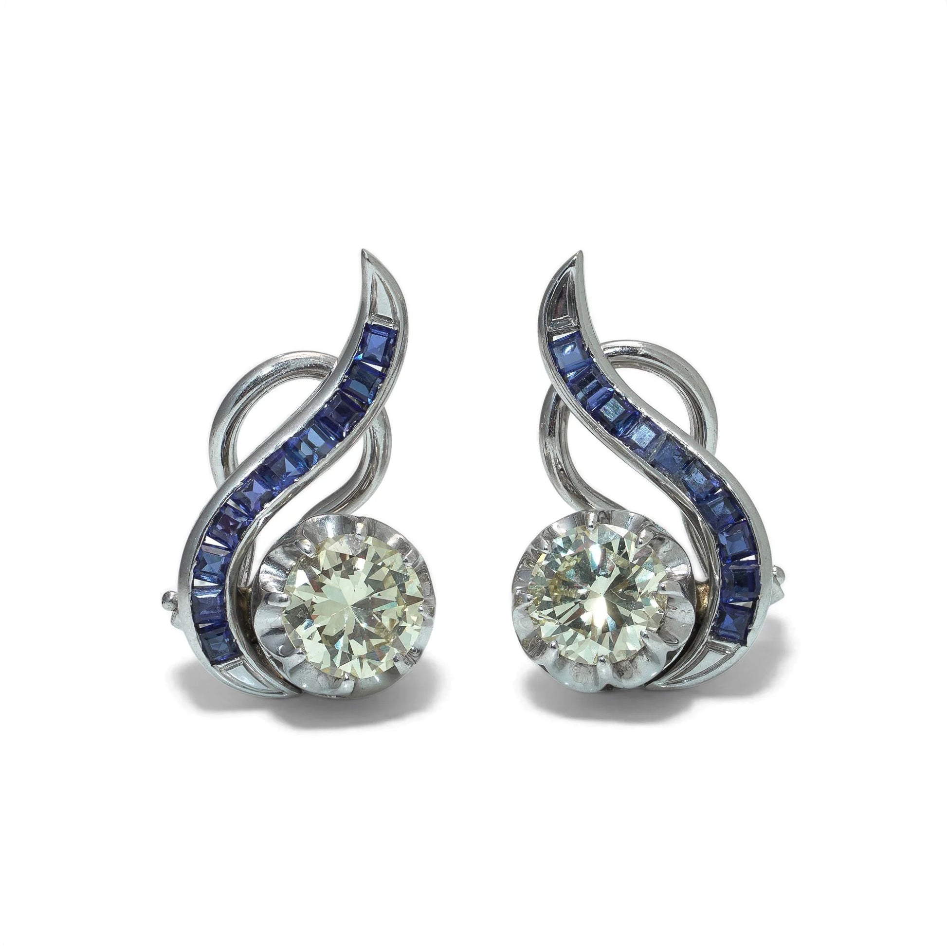 Vintage 18KT White Gold Sapphire and Diamond Swirl Clip Earrings