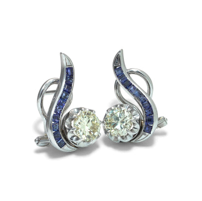 Vintage 18KT White Gold Sapphire and Diamond Swirl Clip Earrings