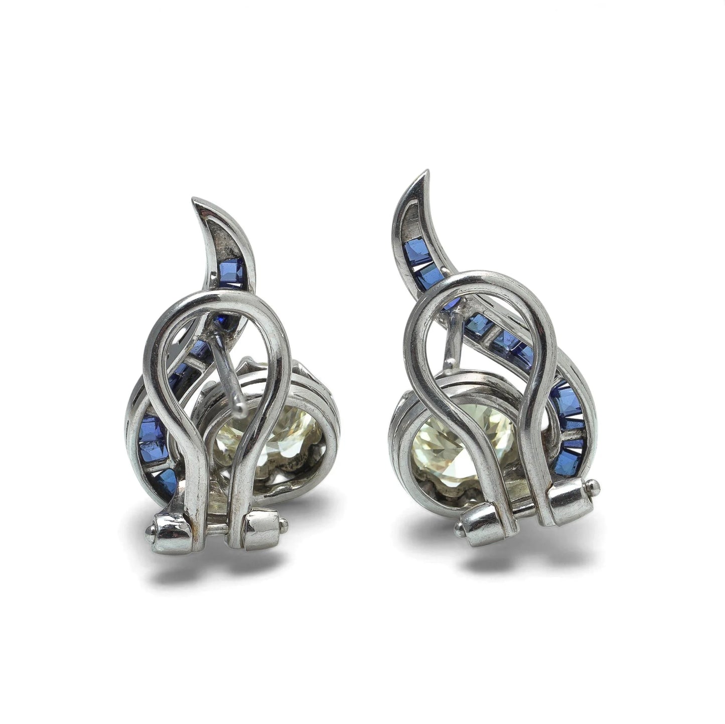 Vintage 18KT White Gold Sapphire and Diamond Swirl Clip Earrings